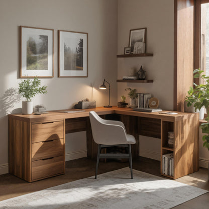 Modern L Shaped Desk With Drawers And Shelves For Study