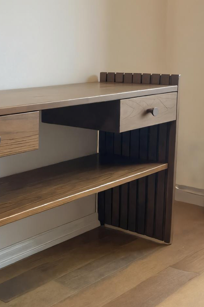 Modern Slatted Desk With Drawers And Shelf For Home Office