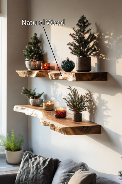 Mid Century Wooden Floating Shelf For Cozy Christmas Bedroom Setup