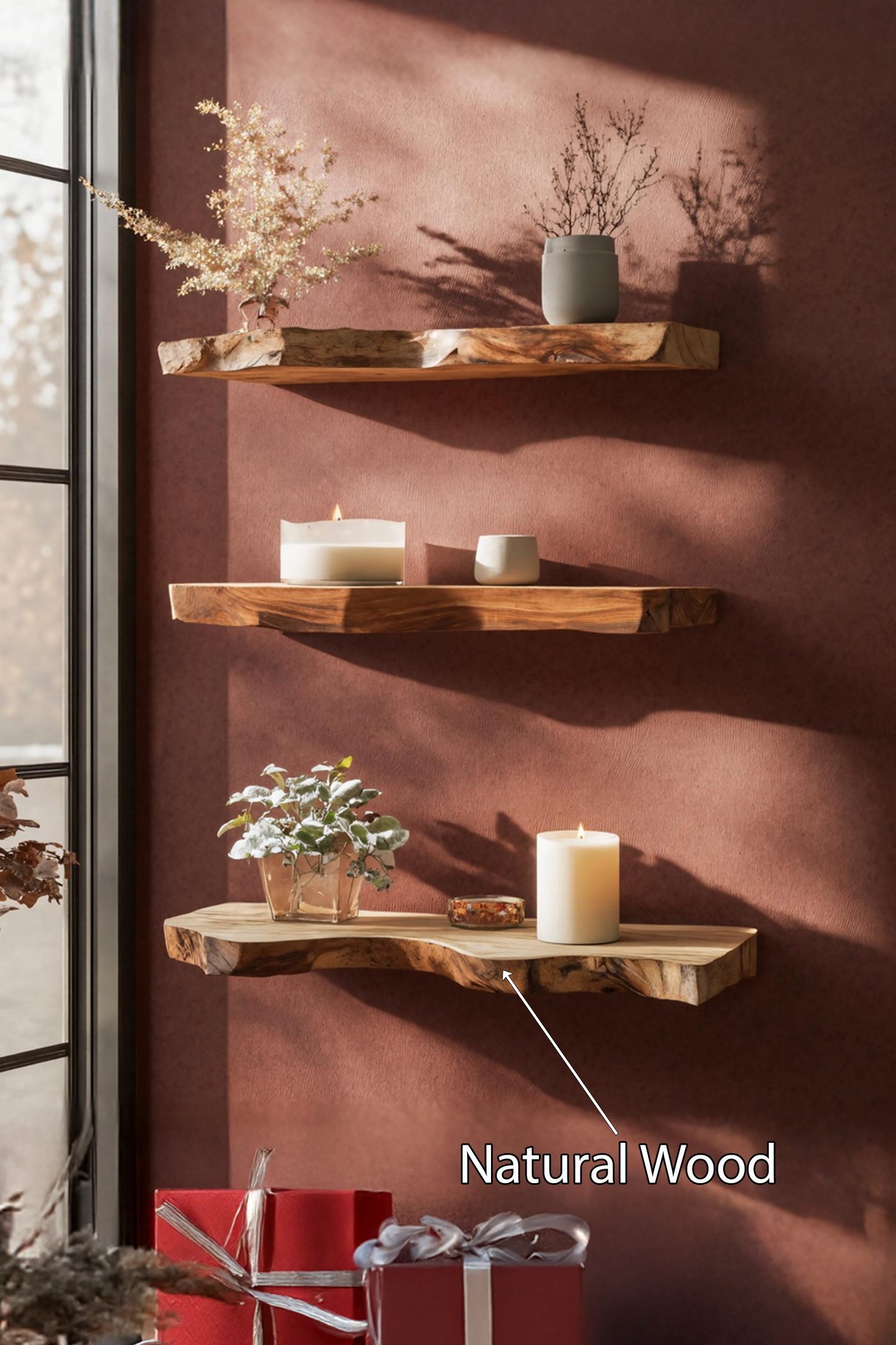 Mid Century Wooden Floating Shelf For Holiday Living Room Setup