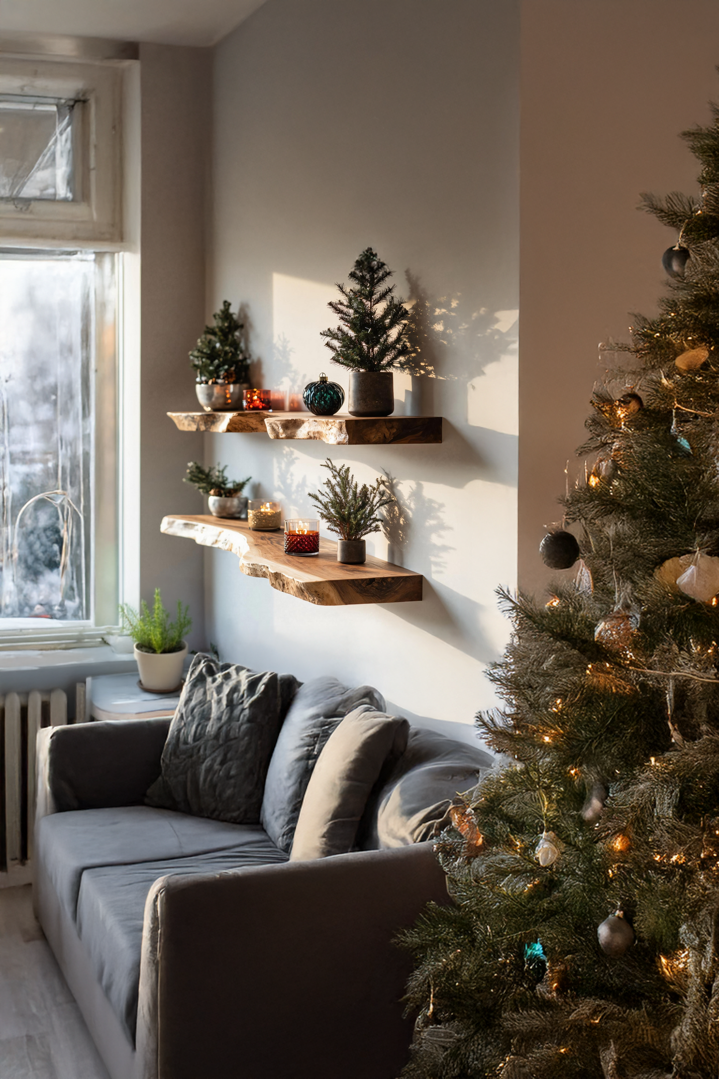 Mid Century Wooden Floating Shelf For Cozy Christmas Bedroom Setup