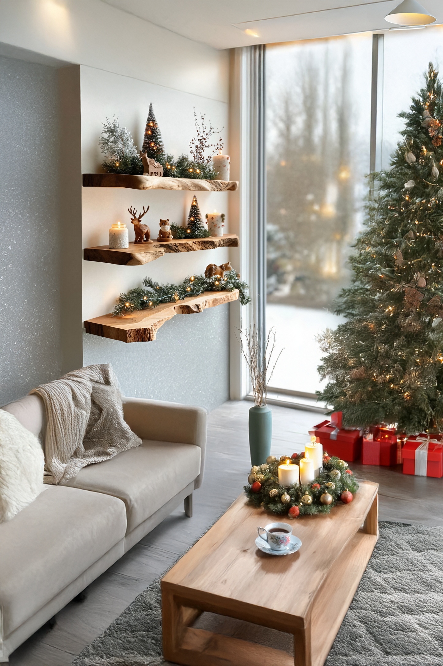 Mid Century Wooden Floating Shelf For Stylish Holiday Living Room