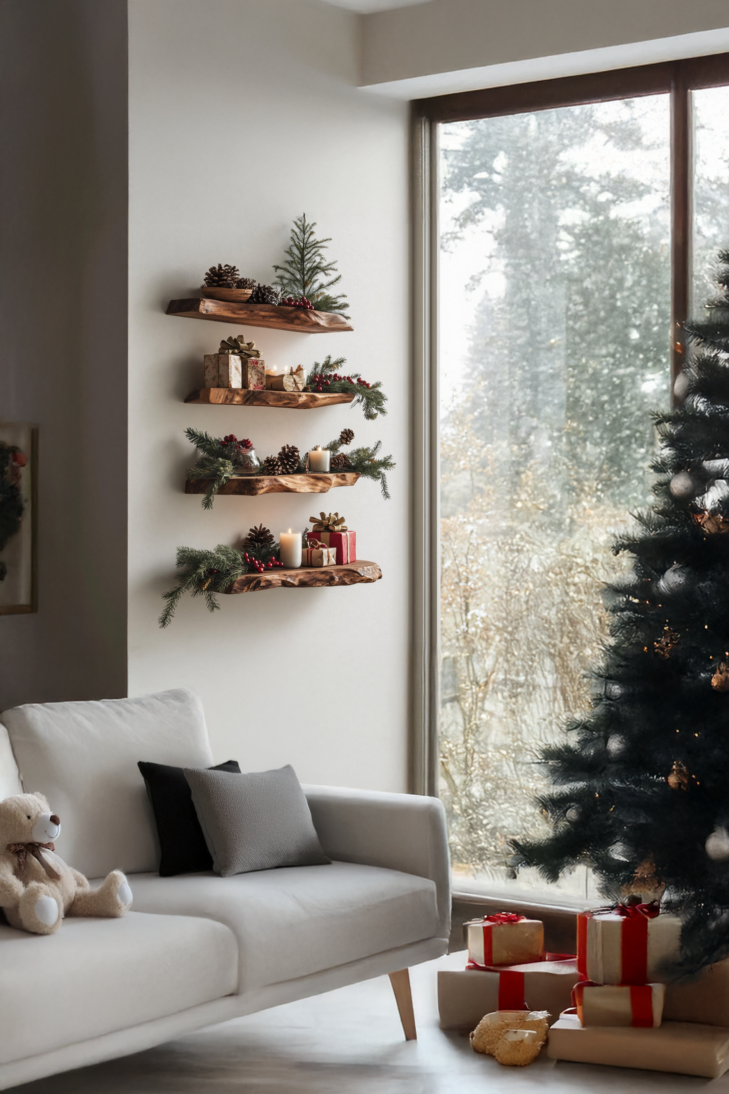 Handcrafted Solid Wood Floating Shelf For Cozy Christmas Living Room