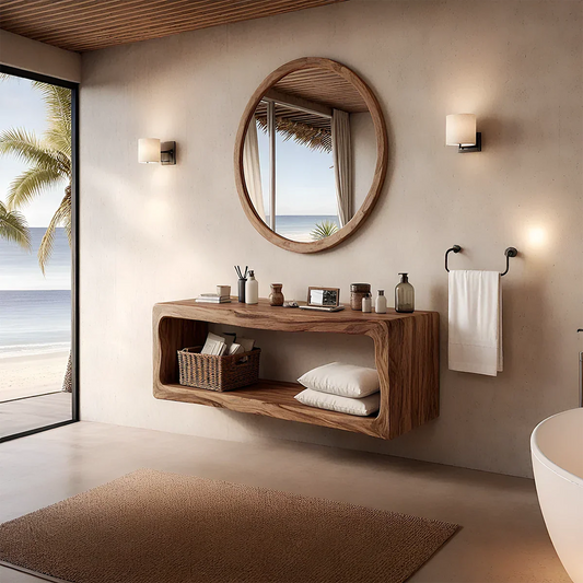 Coastal acacia floating bathroom vanity with open frame shelf