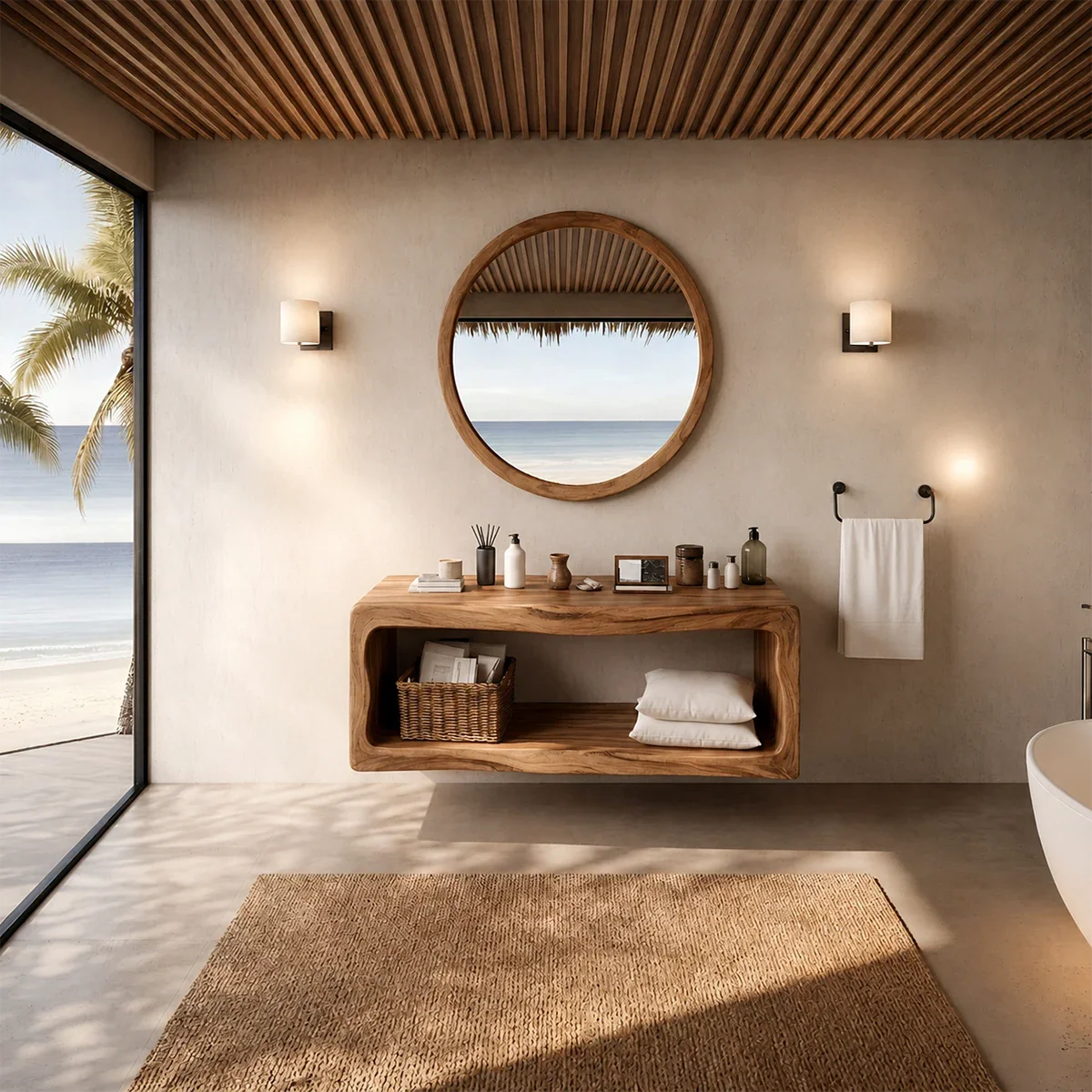 Sculptural Natural Solid Wood Floating Bathroom Vanity With Open Storage Shelf