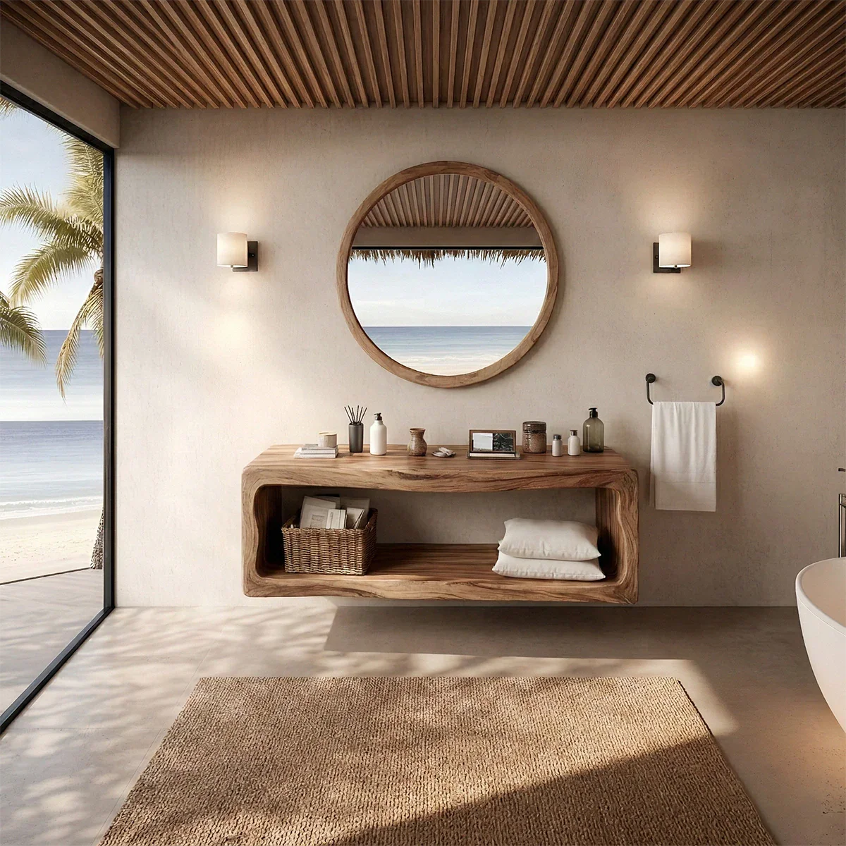 Sculptural Natural Solid Wood Floating Bathroom Vanity With Open Storage Shelf