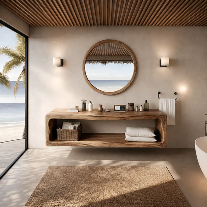 Sculptural Natural Solid Wood Floating Bathroom Vanity With Open Storage Shelf