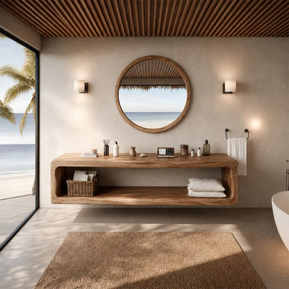 Sculptural Natural Solid Wood Floating Bathroom Vanity With Open Storage Shelf