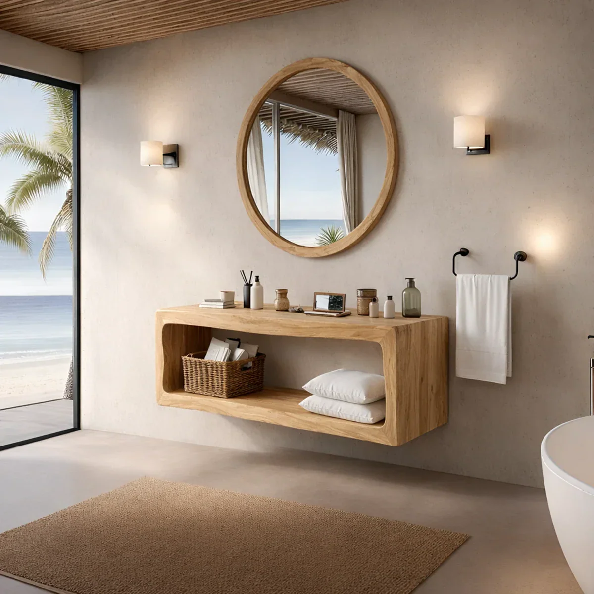 Natural acacia floating bathroom vanity in modern bathroom