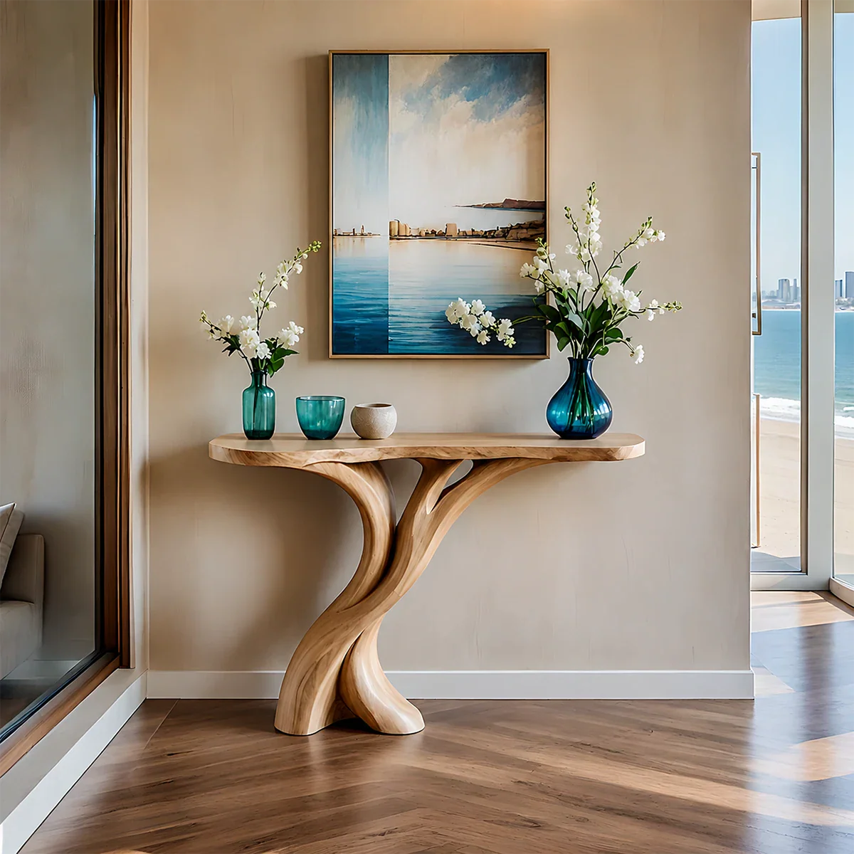 Natural Solid Wood Entryway Console Table Sculptural Split Base