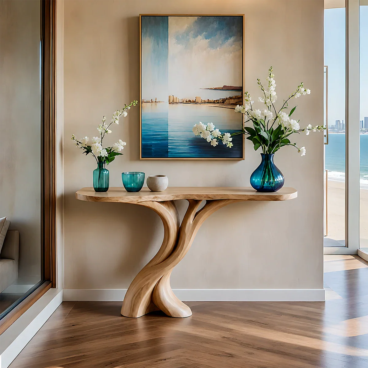 Natural Solid Wood Entryway Console Table Sculptural Split Base