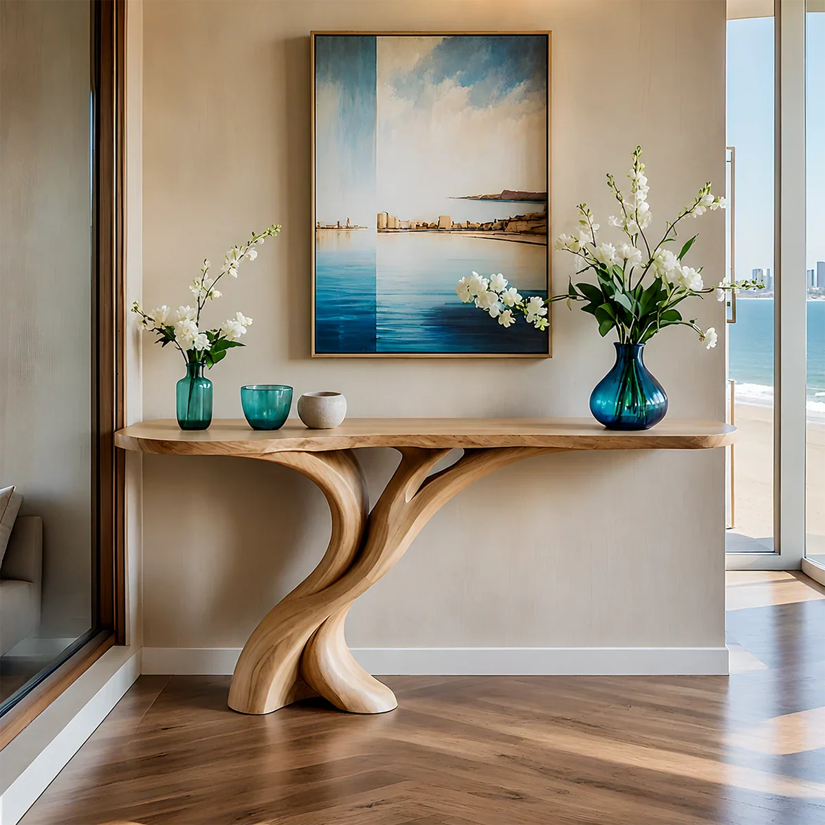 Natural Solid Wood Entryway Console Table Sculptural Split Base