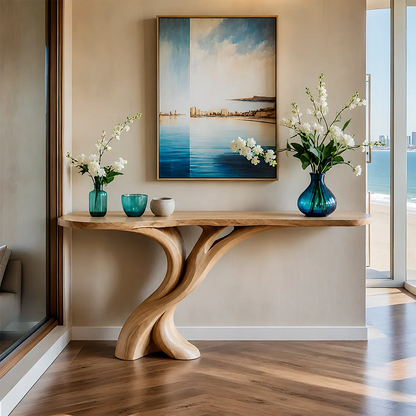 Natural Solid Wood Entryway Console Table Sculptural Split Base