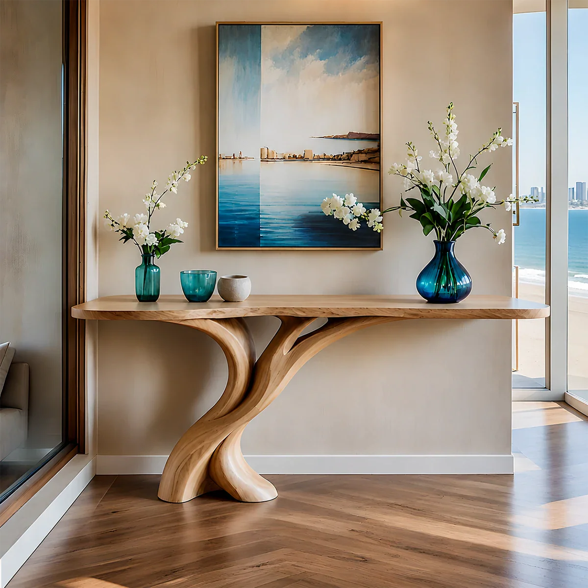Natural Solid Wood Entryway Console Table Sculptural Split Base
