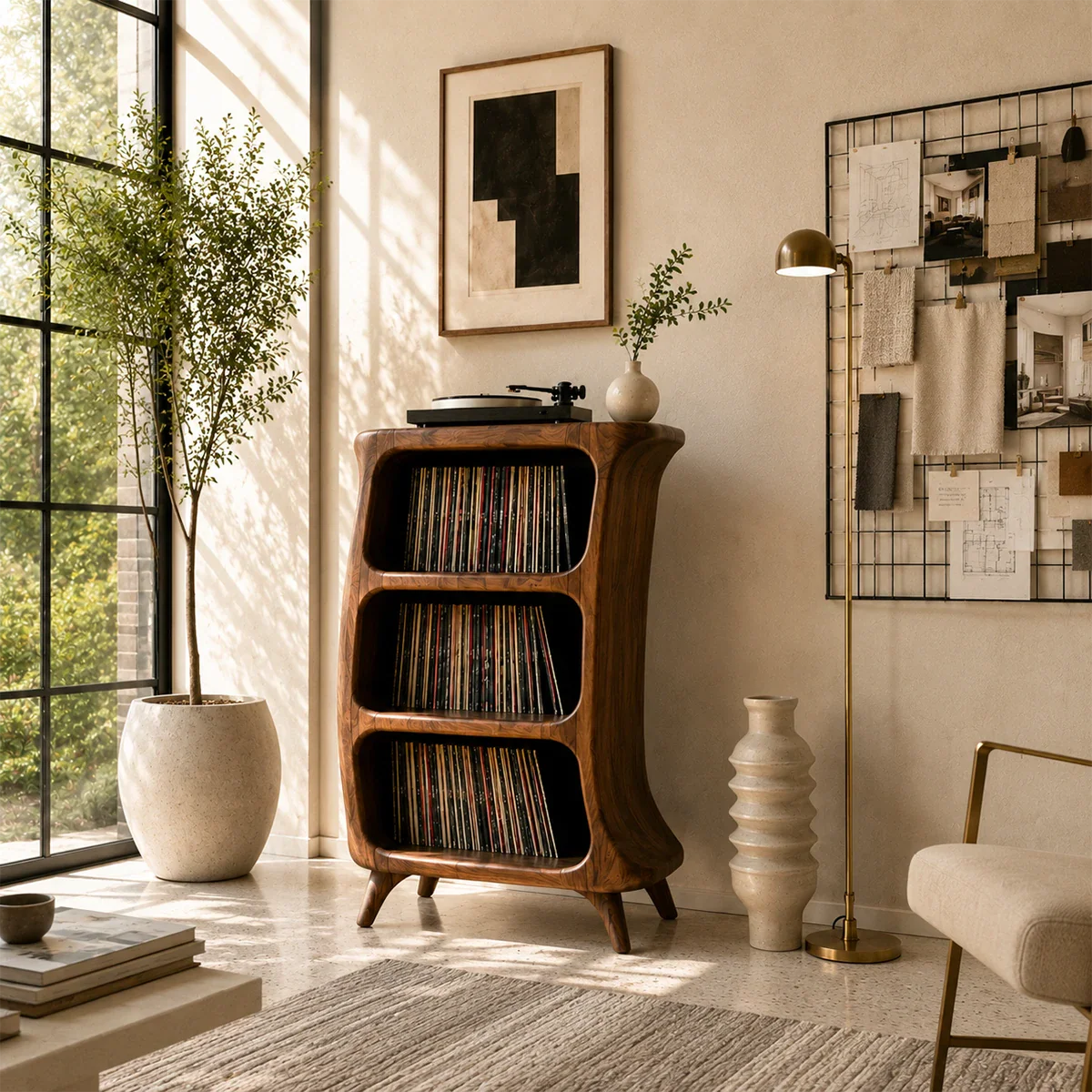 Compact vinyl record storage cabinet with turntable shelf and three open LP compartments