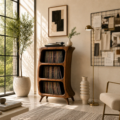 Compact vinyl record storage cabinet with turntable shelf and three open LP compartments