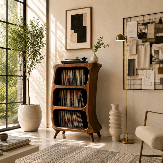 Compact vinyl record storage cabinet with turntable shelf and three open LP compartments