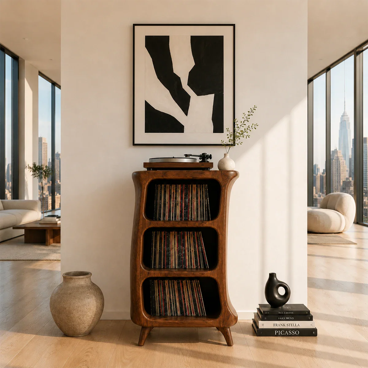 Architectural record player furniture with vertical LP storage and sculpted modern profile