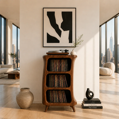 Architectural record player furniture with vertical LP storage and sculpted modern profile