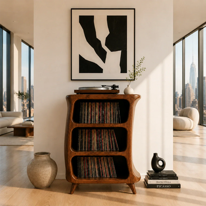 Luxury vinyl record stand combining open album storage with premium listening station
