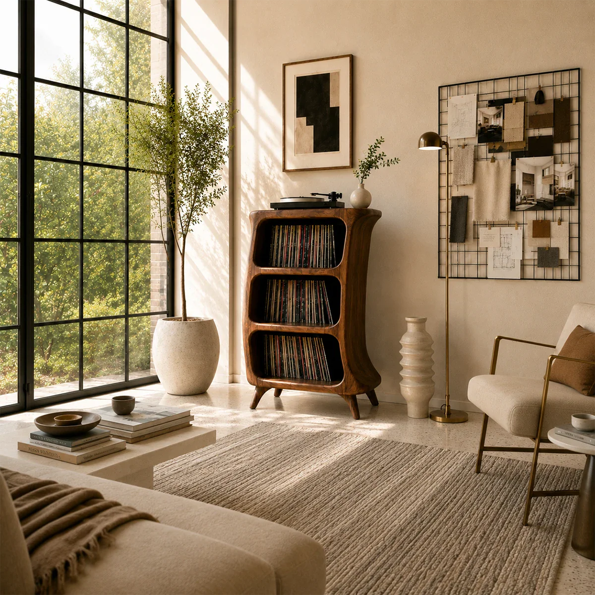 Modern record player stand featuring vertical vinyl storage and compact music organization