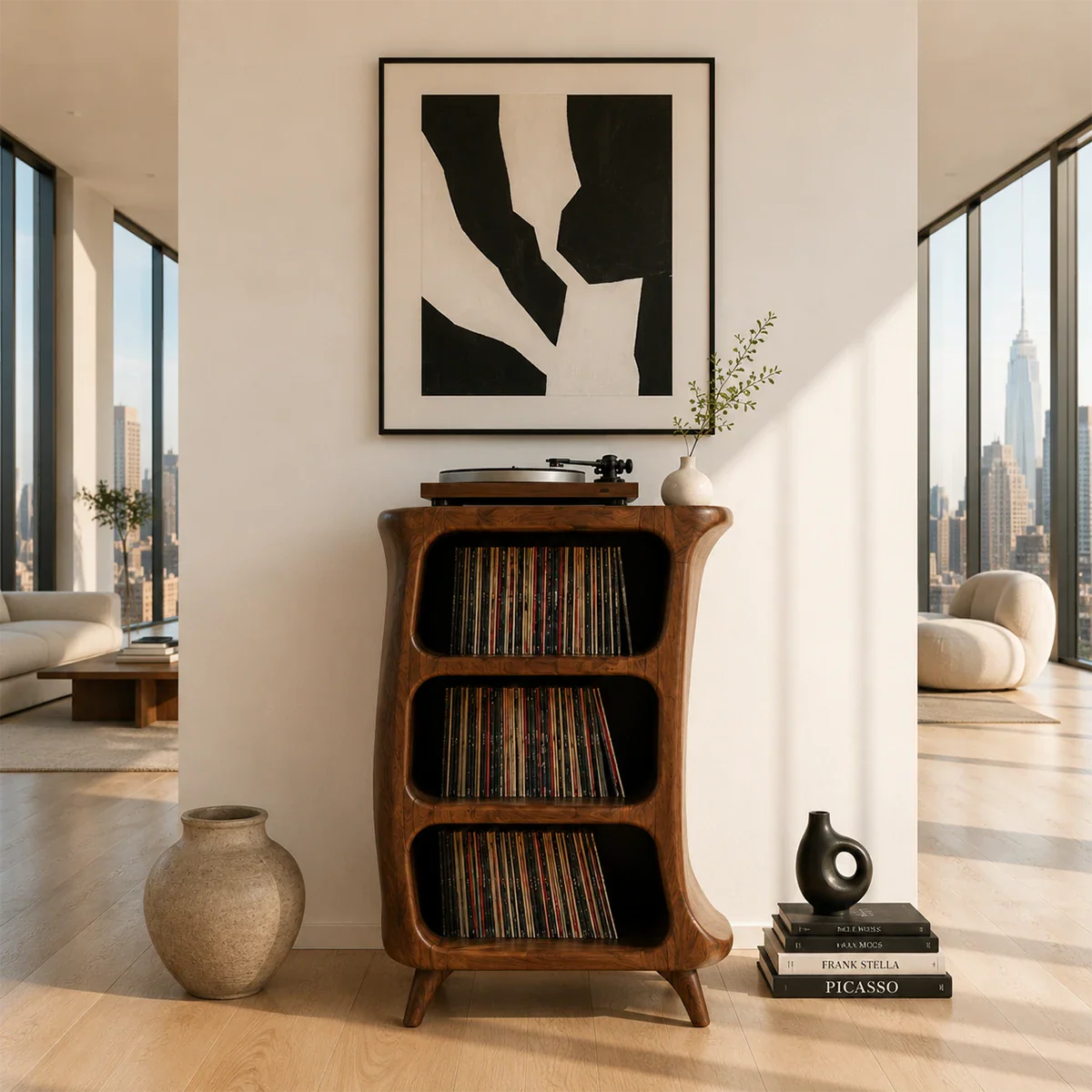 Contemporary LP organizer with open album compartments and dedicated turntable platform