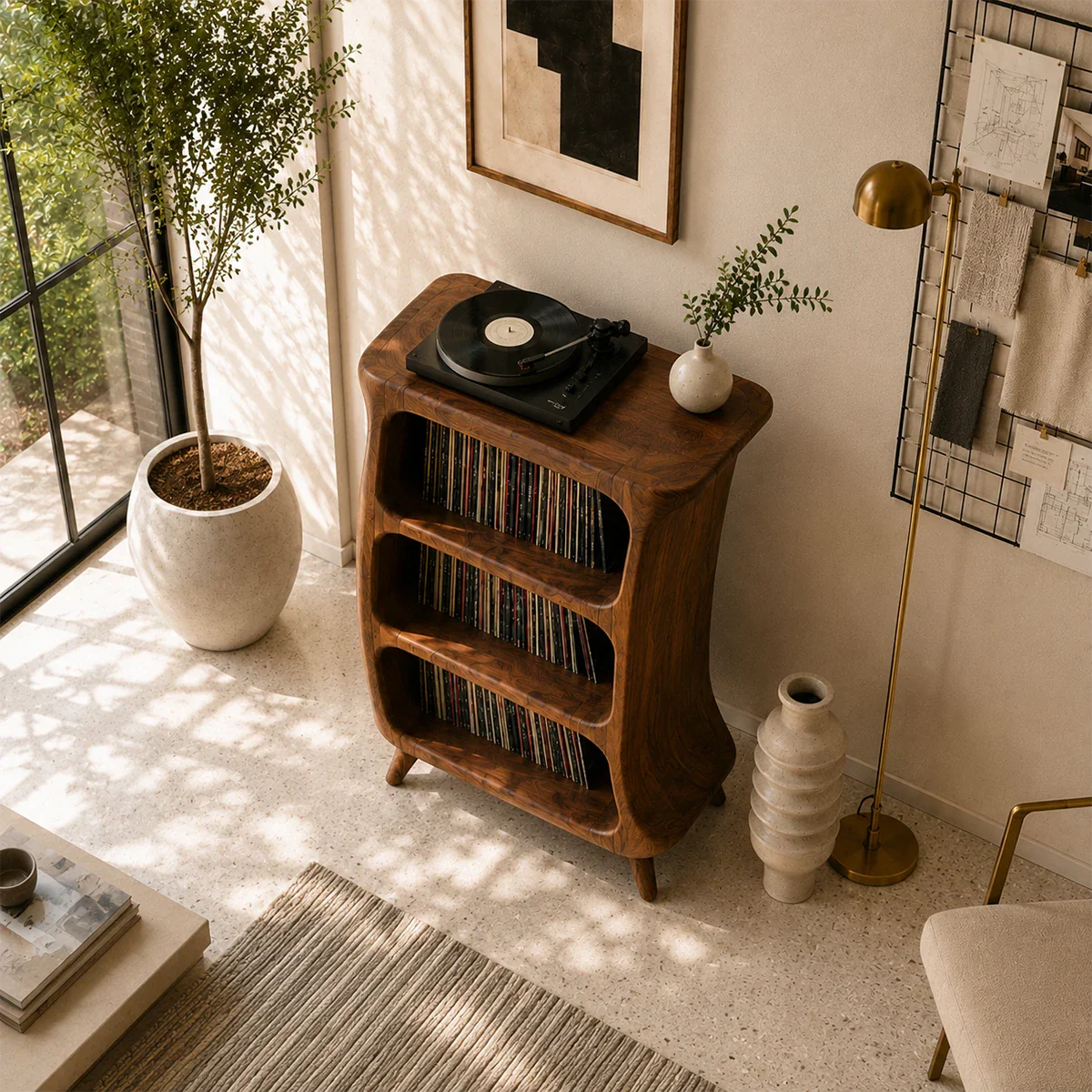 Elegant record collection cabinet with compact footprint and integrated turntable surface