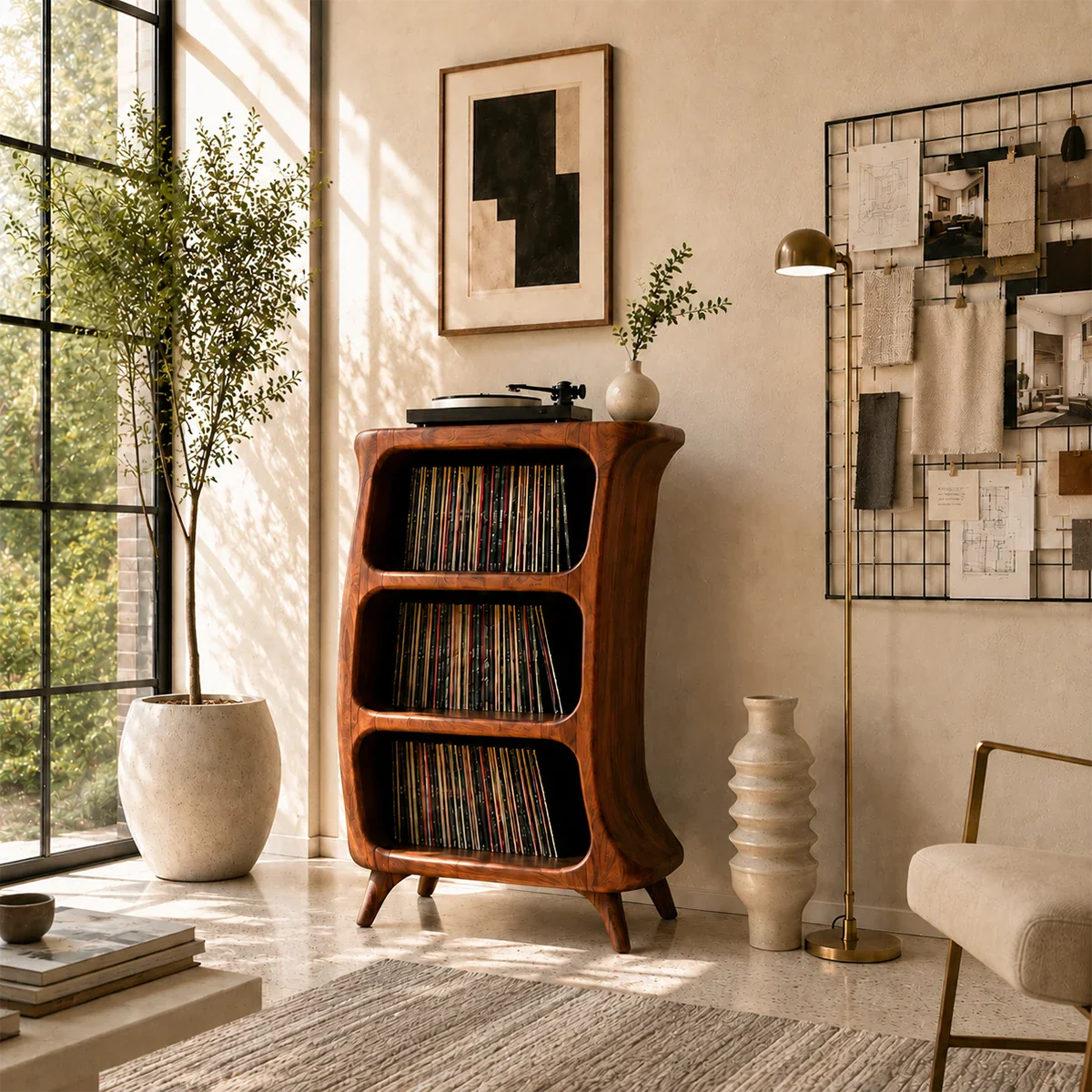 Sculptural vinyl media stand offering organized LP storage and playback equipment display