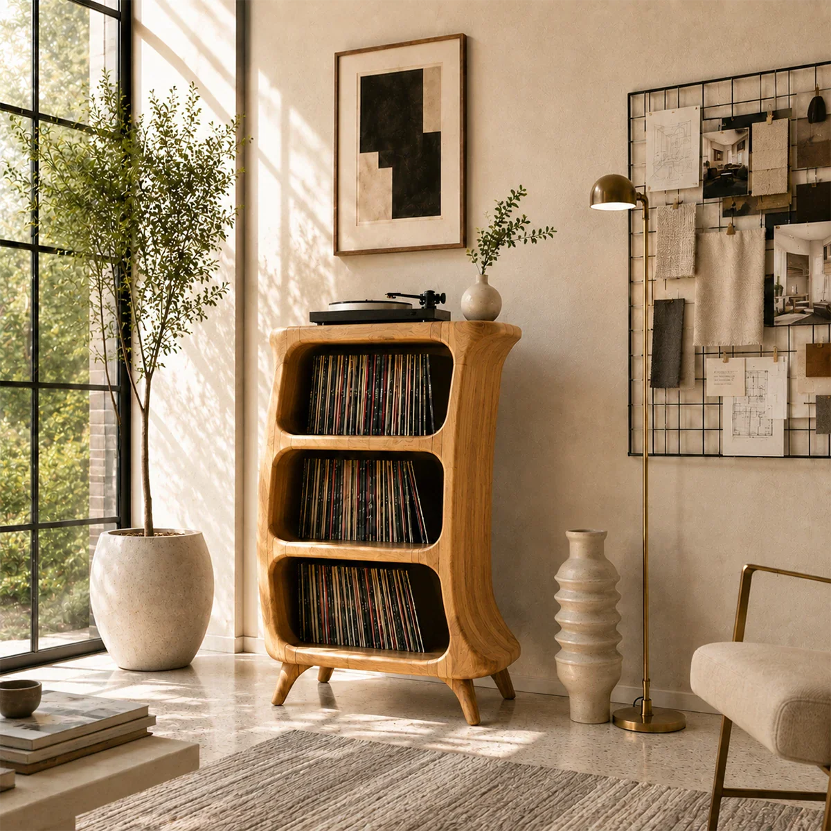 Minimalist turntable storage unit with spacious record compartments for vinyl collections