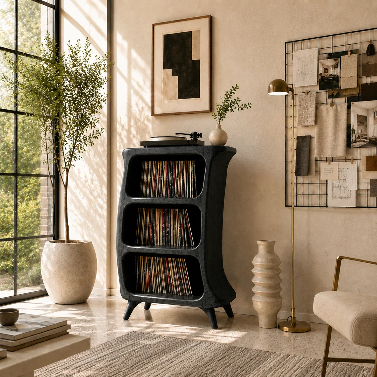 Designer LP record cabinet featuring open shelving and compact audiophile storage solution