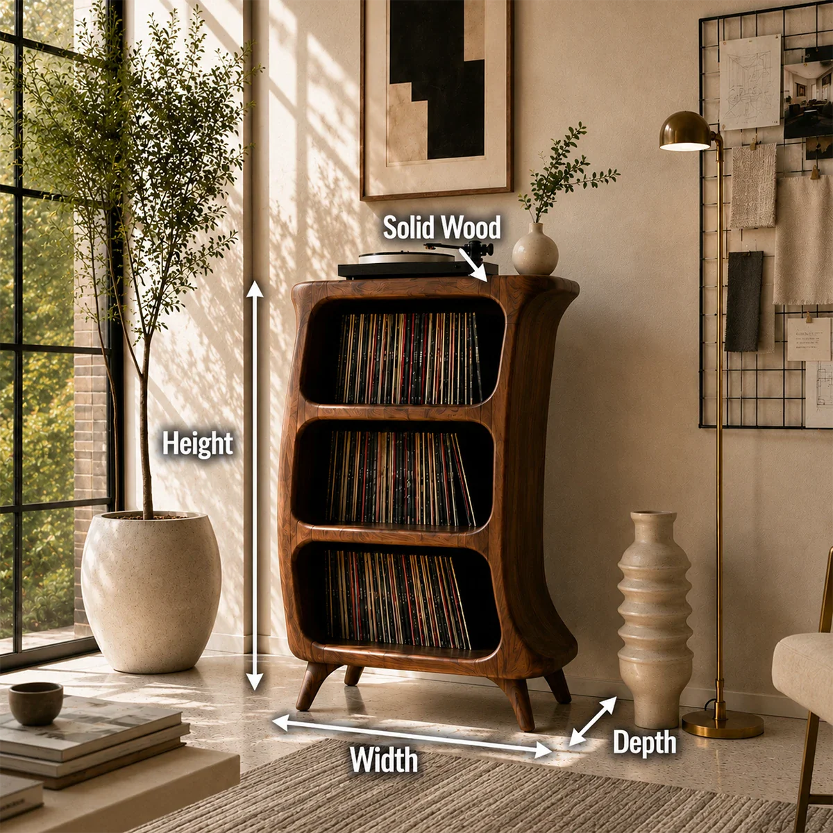 Space-saving vinyl organizer with dedicated turntable top and modern album display storage