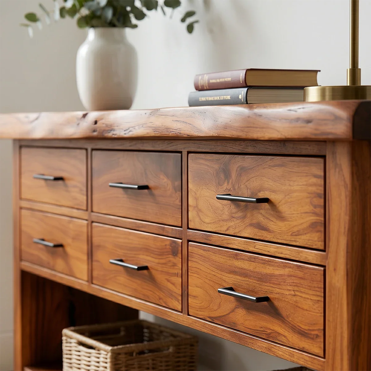 Elegant foyer table combining concealed drawer storage with practical open shelving