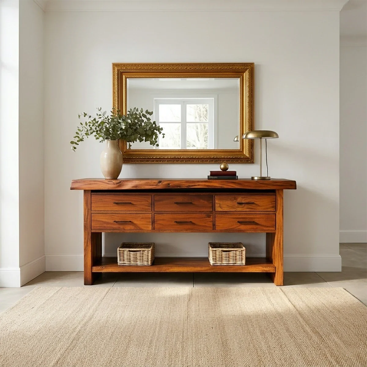 Modern console table with six drawers and open shelf storage for organized entryways