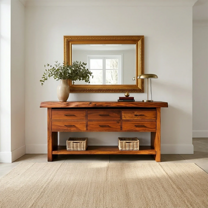 Modern console table with six drawers and open shelf storage for organized entryways