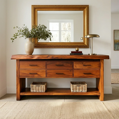 Functional entryway table featuring six drawers and lower shelf for everyday storage