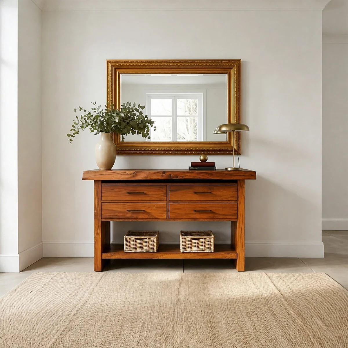 Clean lined storage table combining drawer organization and open shelf display