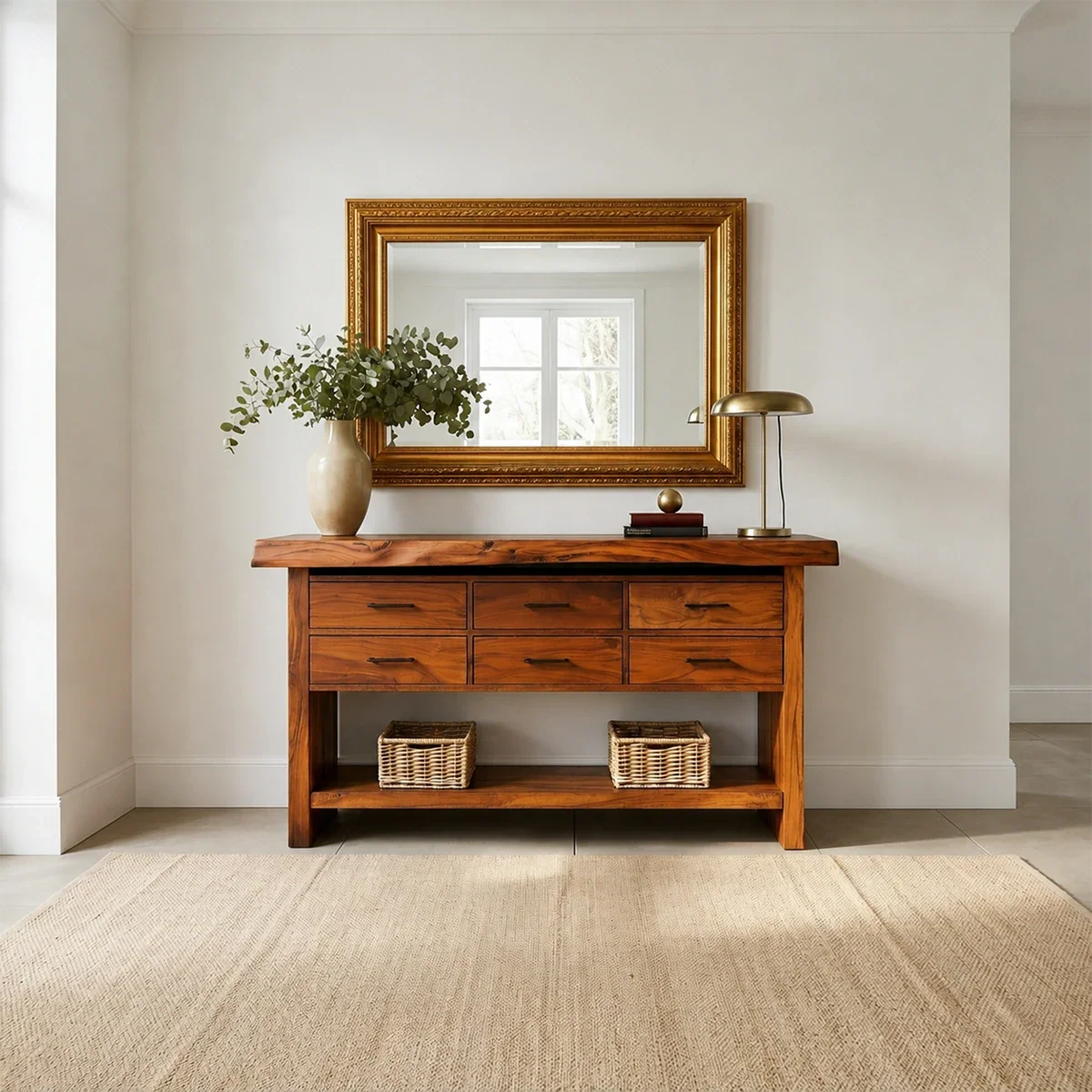 Contemporary console furniture with integrated drawer storage and open shelving