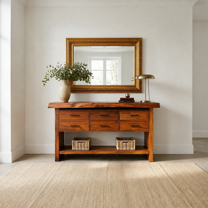 Contemporary console furniture with integrated drawer storage and open shelving