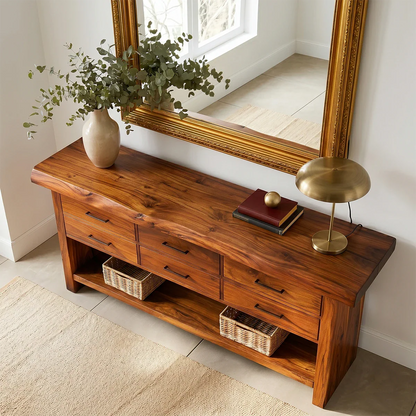 Minimalist console cabinet featuring organized drawer compartments and open storage