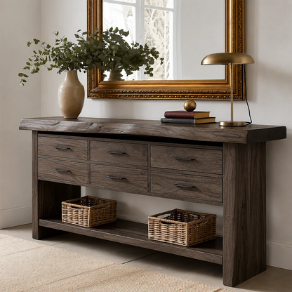Versatile sofa table with six drawers and display shelf for decorative organization