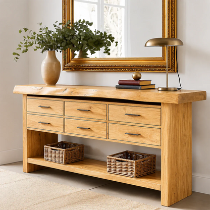 Contemporary entry console offering concealed storage and accessible shelf space