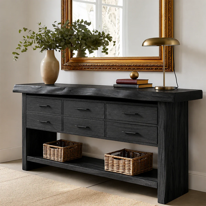 Refined hallway table with multiple drawers and open shelf for home organization