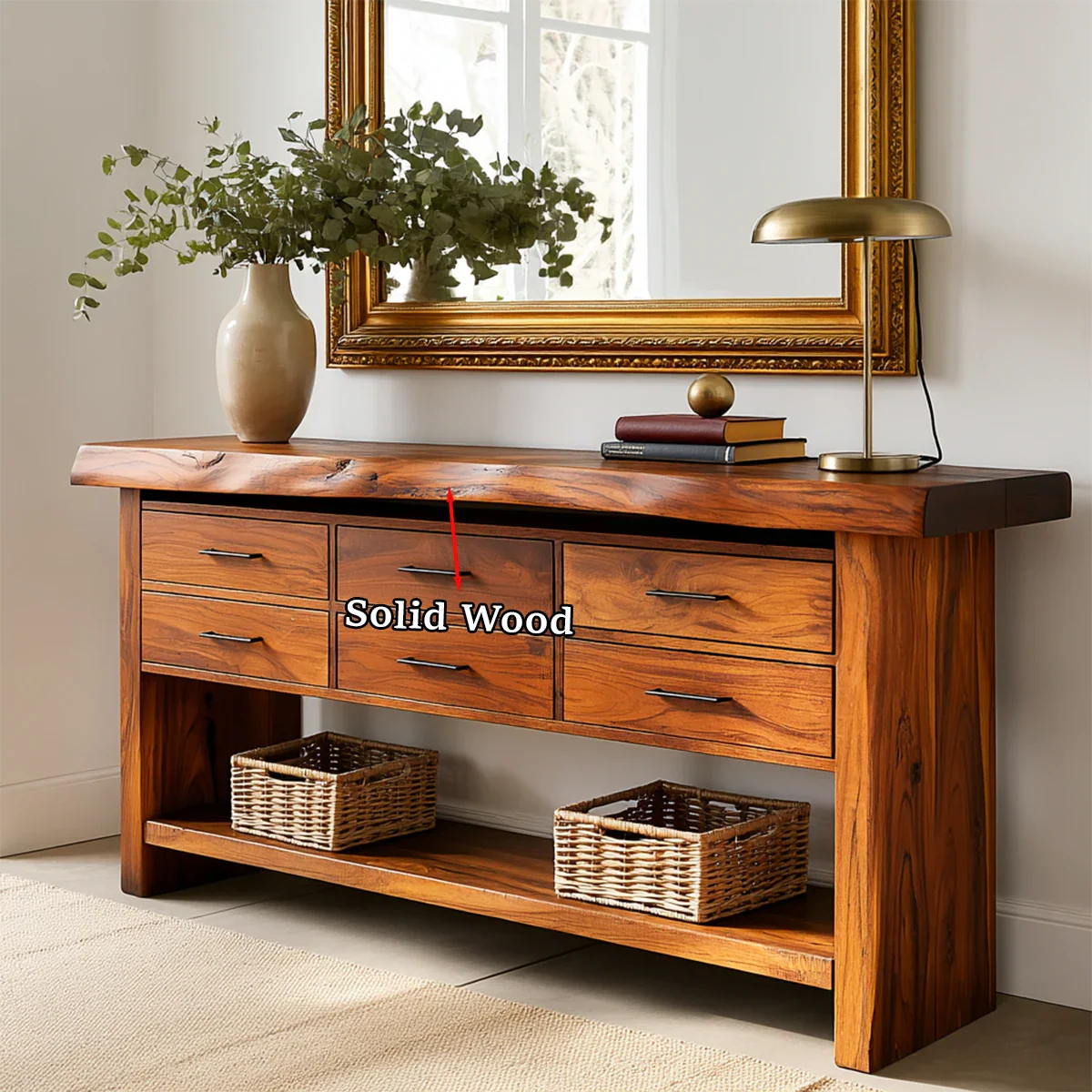 Modern accent console featuring practical storage drawers and lower display shelf