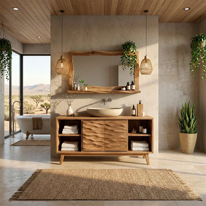 Natural acacia bathroom vanity with textured wooden cabinet doors