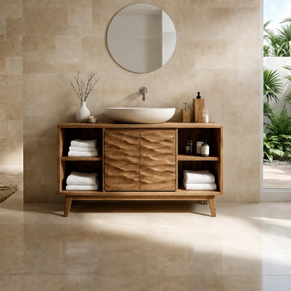 Hand-Carved Natural Solid Wood Bathroom Vanity With Open Shelves