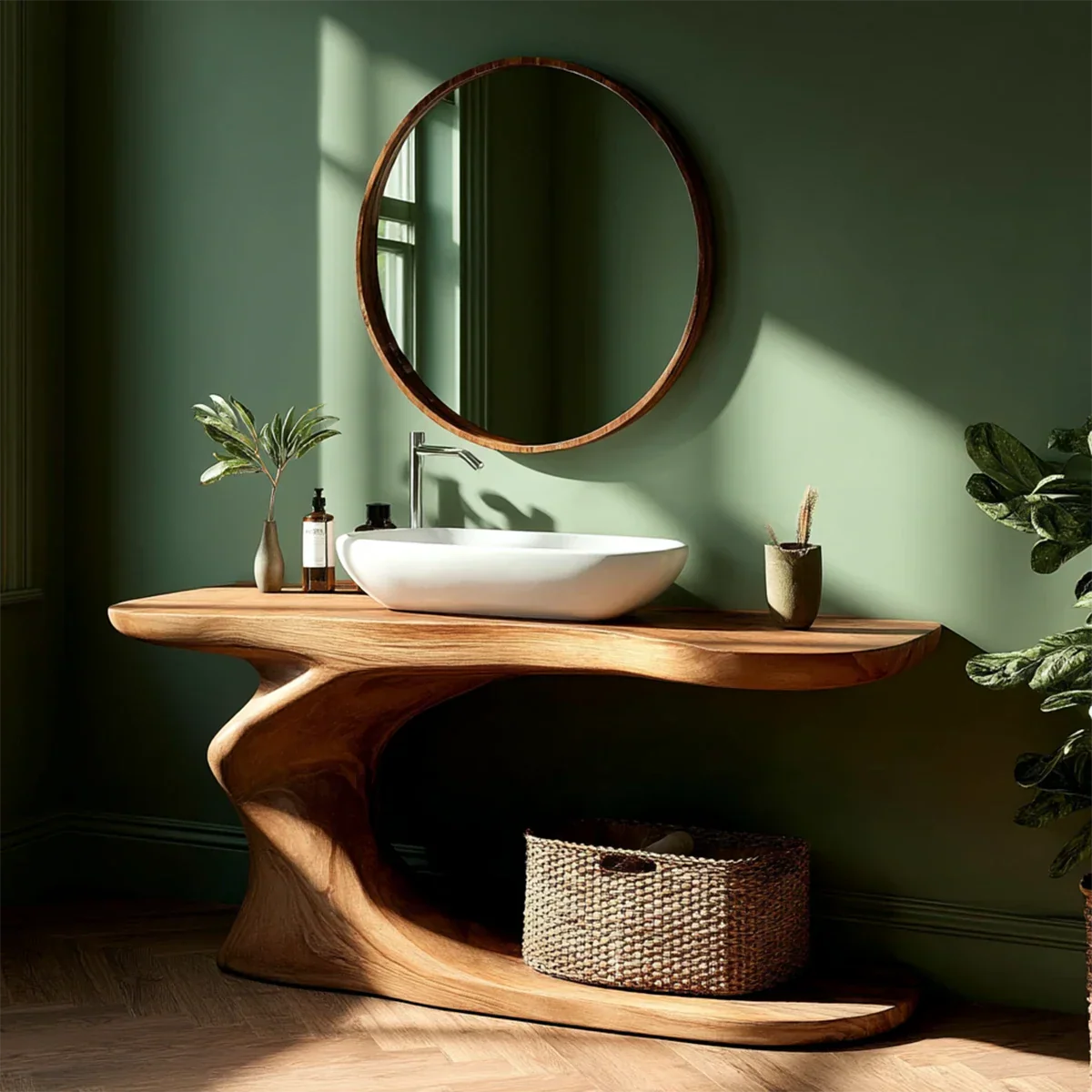 Contemporary brown wood bathroom vanity with curved base