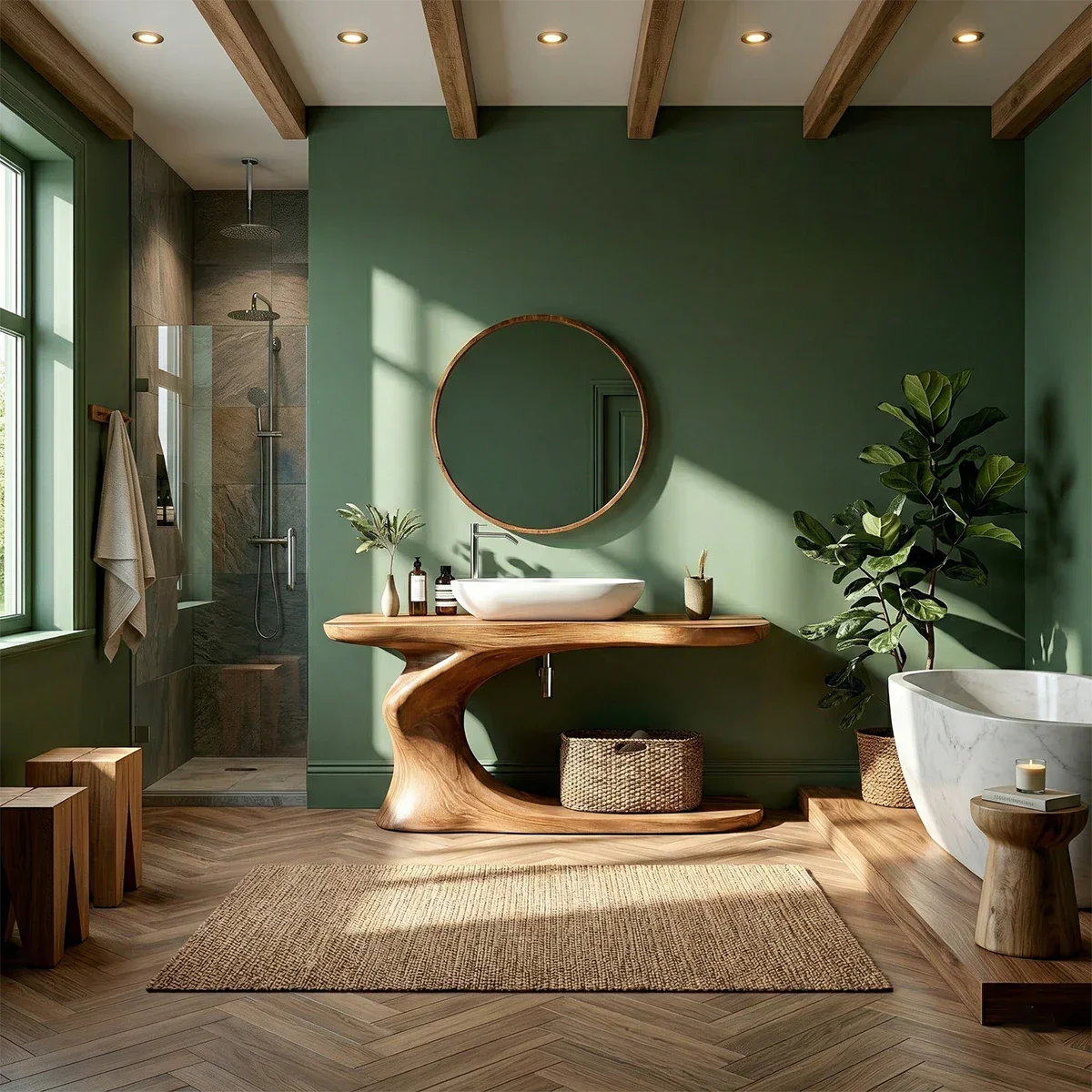 Brown wooden bathroom vanity with integrated storage shelf