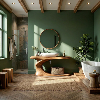 Brown wooden bathroom vanity with integrated storage shelf