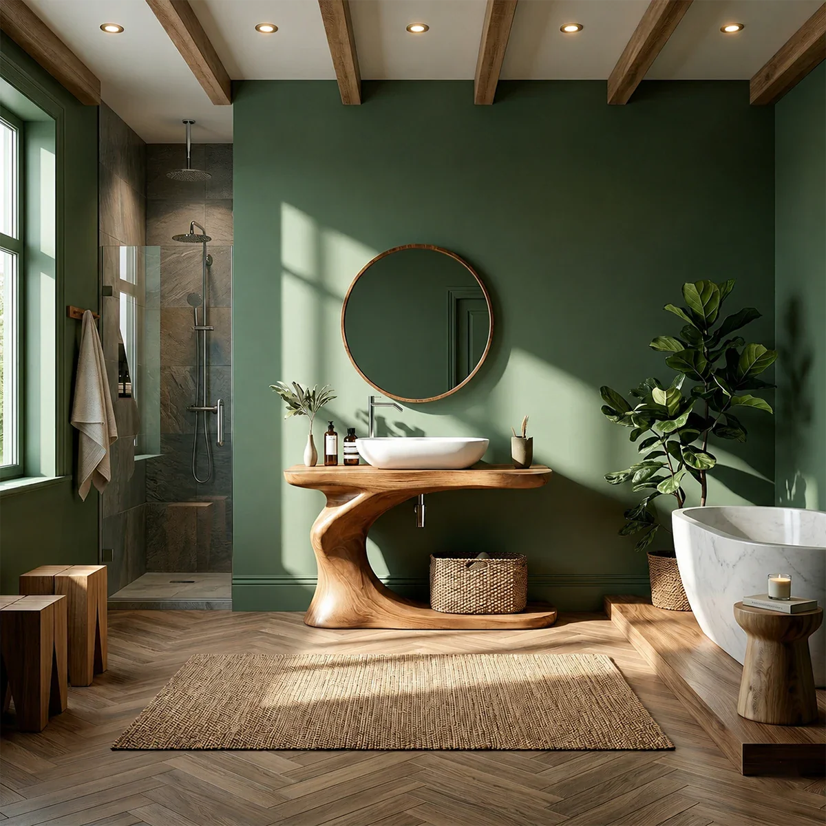 Organic Sculpted Bathroom Vanity Natural Solid Wood Open Base
