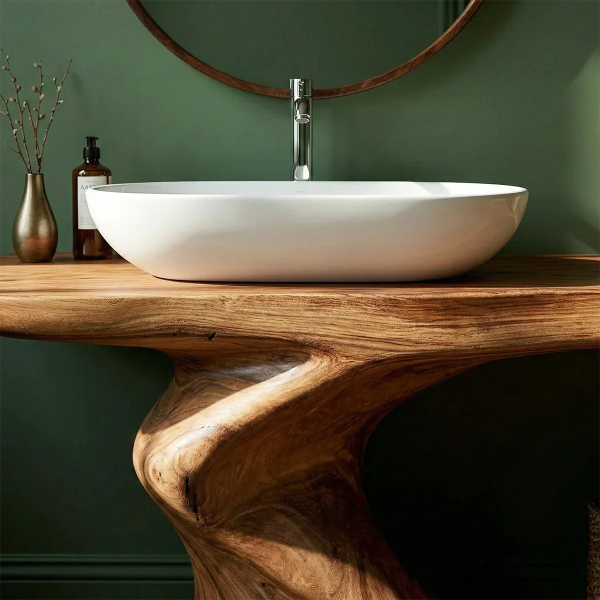 Minimalist brown bathroom vanity with curved wood frame